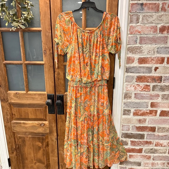 Joie De Vivre Dresses & Skirts - Joie de‎ Vivre Tiered Mesh Midi Dress Women Size M Orange Paisley Smocked Waist